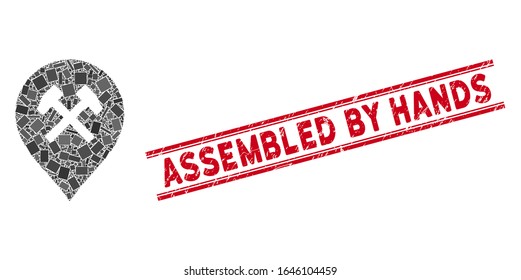 Mosaic workshop marker icon and red Assembled by Hands seal stamp between double parallel lines. Flat vector workshop marker mosaic icon of random rotated rectangular elements.