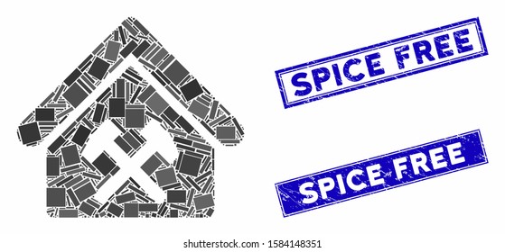 Mosaic workshop pictogram and rectangle Spice Free watermarks. Flat vector workshop mosaic pictogram of random rotated rectangle elements. Blue Spice Free watermarks with scratched surface.