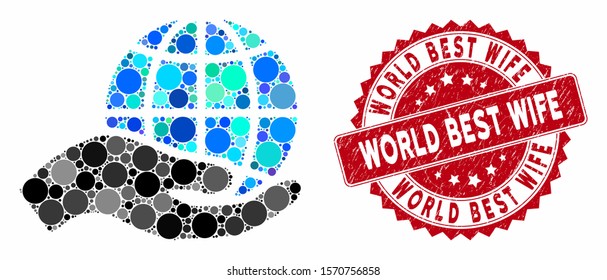 Mosaic world class offer hand and grunge stamp seal with World Best Wife caption. Mosaic vector is composed from world class offer hand icon and with random round items.