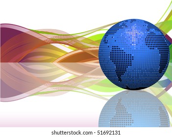 Mosaic world globe and colorful waves reflected on a glossy surface