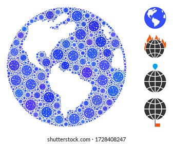 El mundo del mosaico se organiza a partir de elementos del virus SARS en diferentes tamaños y tonos de color. Los iconos de patógenos vectoriales se organizan en ilustración abstracta icono mundial. Se añaden algunos iconos adicionales.