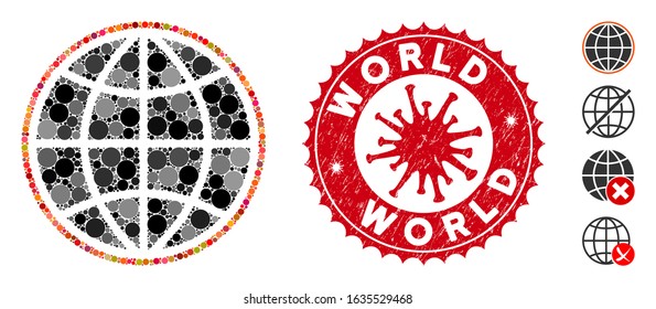 Mosaic world icon and red round rubber stamp seal with World caption and coronavirus symbol. Mosaic vector is formed with world icon and with scattered round spots. World stamp seal uses red color,
