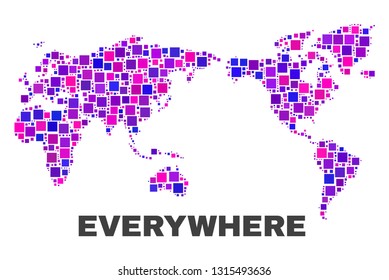 Mosaic World map isolated on a white background. Vector geographic abstraction in pink and violet colors. Mosaic of World map combined of random small squares.