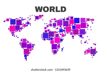 Mosaic World map isolated on a white background. Vector geographic abstraction in pink and violet colors. Mosaic of World map combined of scattered square elements.