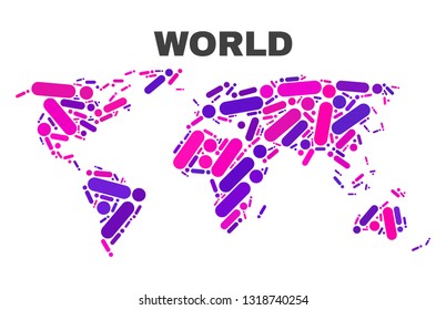 Mosaic World map isolated on a white background. Vector geographic abstraction in pink and violet colors. Mosaic of World map combined of random circle points and lines.
