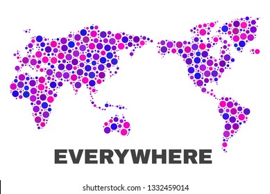 Mosaic World map isolated on a white background. Vector geographic abstraction in pink and violet colors. Mosaic of World map combined of scattered circle elements.