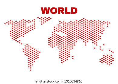 Mosaic world map of love hearts in red color isolated on a white background. Regular red heart pattern in shape of world map. Abstract design for Valentine decoration.