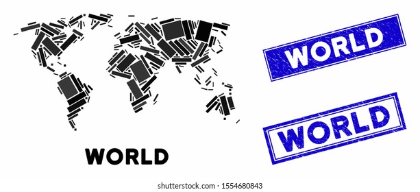 Mosaic world map and rectangle seals. Flat vector world map mosaic of randomized rotated rectangle items. Blue caption rubber seals with rubber textures. Designed for political and patriotic purposes.