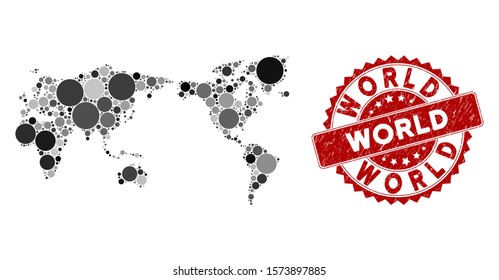Mosaic world map and round seal stamp. Flat vector world map mosaic of randomized circle items. Red seal stamp with distress texture. Designed for political and patriotic collages.