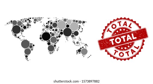 Mosaic world map and round stamp. Flat vector world map mosaic of random round items. Red rubber stamp with corroded design. Designed for political and patriotic posters.
