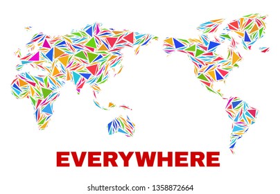 Mosaic world map of triangles in bright colors isolated on a white background. Triangular collage in shape of world map. Abstract design for patriotic purposes.