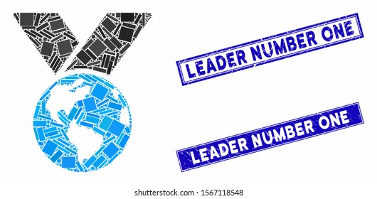 Mosaic world medal icon and rectangular seal stamps. Flat vector world medal mosaic icon of scattered rotated rectangular items. Blue caption stamps with corroded surface.