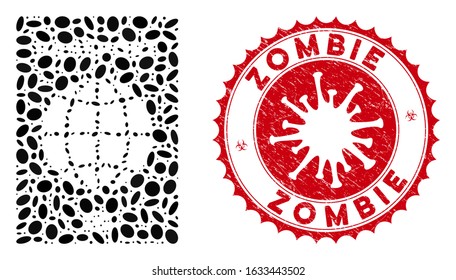 Mosaic world passport icon and red round grunge stamp watermark with Zombie phrase and coronavirus symbol. Mosaic vector is designed with world passport icon and with randomized elliptic spots.