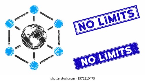 Mosaic worldwide internet pictogram and rectangular No Limits rubber prints. Flat vector worldwide internet mosaic pictogram of random rotated rectangle items.