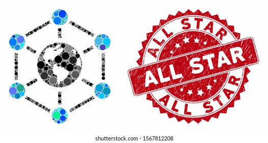 Mosaic worldwide internet and rubber stamp watermark with All Star phrase. Mosaic vector is created with worldwide internet icon and with randomized spheric items. All Star stamp uses red color,