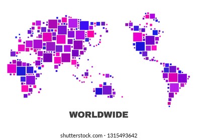 Mosaic Worldwide map isolated on a white background. Vector geographic abstraction in pink and violet colors. Mosaic of Worldwide map combined of scattered small squares.
