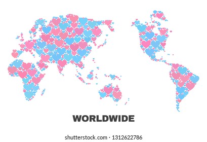 Mosaic worldwide map of love hearts in pink and blue colors isolated on a white background. Lovely heart collage in shape of worldwide map. Abstract design for Valentine decoration.