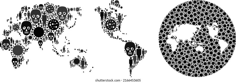 Mapa mundial del mosaico organizado a partir de elementos del virus de la gripe y de hombres e iconos esqueletos. Mosaico de mapa mundial del virus de la gripe creado con la esfera y forma de corte. Se crean collages para proyectos de tratamiento.
