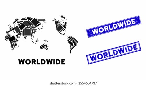 Mosaic worldwide map and rectangle seals. Flat vector worldwide map mosaic of random rotated rectangle items. Blue caption rubber seals with scratched texture.