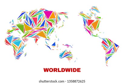 Mosaic worldwide map of triangles in bright colors isolated on a white background. Triangular collage in shape of worldwide map. Abstract design for patriotic decoration.