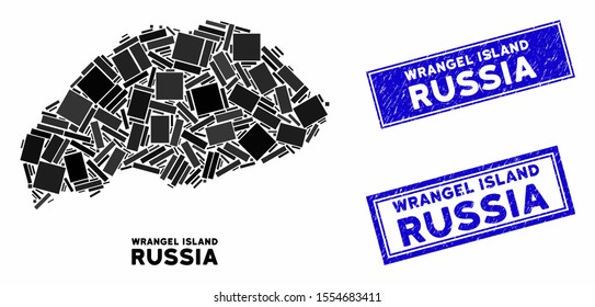 Mosaic Wrangel Island map and rectangular stamps. Flat vector Wrangel Island map mosaic of scattered rotated rectangular elements. Blue caption rubber stamps with grunge surface.