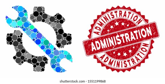 Mosaic wrench and gear setup tools and grunge stamp seal with Administration caption. Mosaic vector is formed with wrench and gear setup tools icon and with randomized circle items.