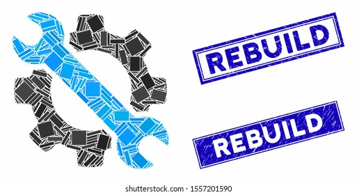Mosaic wrench and gear setup tools pictogram and rectangle stamps. Flat vector wrench and gear setup tools mosaic pictogram of scattered rotated rectangle elements.
