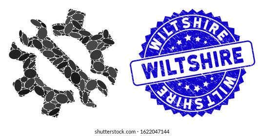 Mosaic wrench and gear tools icon and rubber stamp seal with Wiltshire phrase. Mosaic vector is formed with wrench and gear tools pictogram and with scattered elliptic items.