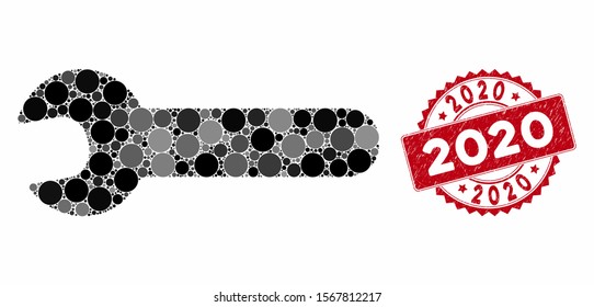 Mosaic wrench and grunge stamp seal with 2020 phrase. Mosaic vector is designed from wrench icon and with random round items. 2020 stamp seal uses red color, and grunge texture.