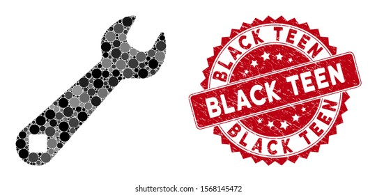 Mosaic wrench and grunge stamp seal with Black Teen phrase. Mosaic vector is designed with wrench icon and with scattered round items. Black Teen stamp uses red color, and grunged texture.