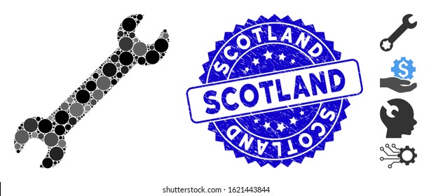 Mosaic wrench icon and distressed stamp seal with Scotland caption. Mosaic vector is composed with wrench icon and with randomized spheric items. Scotland stamp seal uses blue color,