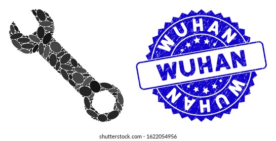 Mosaic wrench icon and distressed stamp seal with Wuhan text. Mosaic vector is formed from wrench icon and with random oval items. Wuhan stamp seal uses blue color, and scratched design.