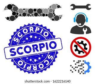 Mosaic wrench icon and distressed stamp watermark with Scorpio text. Mosaic vector is formed with wrench icon and with scattered spheric items. Scorpio stamp uses blue color, and dirty texture.
