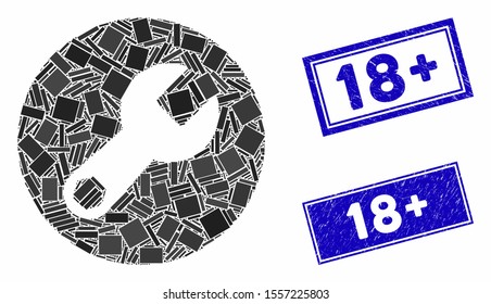 Mosaic wrench icon and rectangle seal stamps. Flat vector wrench mosaic icon of randomized rotated rectangular elements. Blue caption seal stamps with corroded texture.