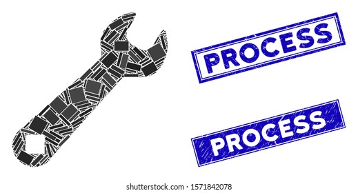 Mosaic wrench icon and rectangular Process stamps. Flat vector wrench mosaic icon of scattered rotated rectangular elements. Blue Process seal stamps with grunged textures.