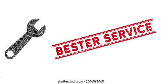 Mosaic wrench icon and red Bester Service seal stamp between double parallel lines. Flat vector wrench mosaic icon of scattered rotated rectangular elements.