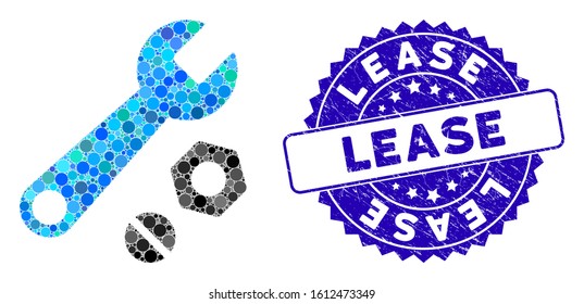 Mosaic wrench and nuts icon and corroded stamp seal with Lease text. Mosaic vector is formed with wrench and nuts icon and with randomized circle spots. Lease stamp uses blue color,