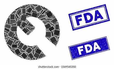 Mosaic wrench pictogram and rectangular seal stamps. Flat vector wrench mosaic icon of random rotated rectangular elements. Blue caption seal stamps with distress surface.