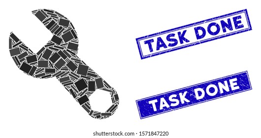 Mosaic wrench pictogram and rectangular Task Done seal stamps. Flat vector wrench mosaic icon of scattered rotated rectangular items. Blue Task Done seal stamps with grunged textures.