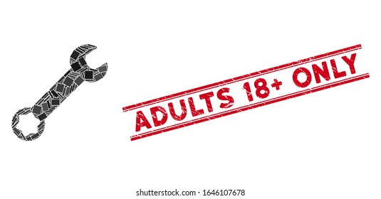 Mosaic wrench pictogram and red Adults 18 plus Only stamp between double parallel lines. Flat vector wrench mosaic pictogram of scattered rotated rectangle elements.