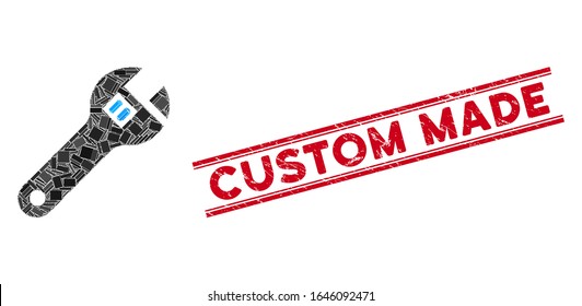 Mosaic wrench pictogram and red Custom Made seal stamp between double parallel lines. Flat vector wrench mosaic icon of scattered rotated rectangular items.