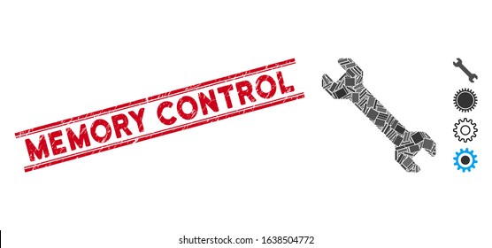 Mosaic wrench pictogram and red Memory Control seal stamp between double parallel lines. Flat vector wrench mosaic pictogram of randomized rotated rectangular items.