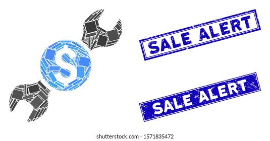 Mosaic wrench price icon and rectangle Sale Alert watermarks. Flat vector wrench price mosaic icon of randomized rotated rectangle elements. Blue Sale Alert watermarks with scratched textures.
