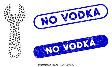 Mosaic wrench and rubber stamp seals with No Vodka phrase. Mosaic vector wrench is designed with random ellipse items. No Vodka stamp seals use blue color, and have round rectangle shape.