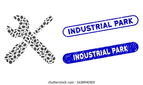 Mosaic wrench and screwdriver tools and corroded stamp seals with Industrial Park text. Mosaic vector wrench and screwdriver tools is formed with randomized elliptic parts.