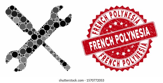 Mosaic wrench and screwdriver tools and grunge stamp seal with French Polynesia caption. Mosaic vector is composed with wrench and screwdriver tools icon and with random spheric spots.