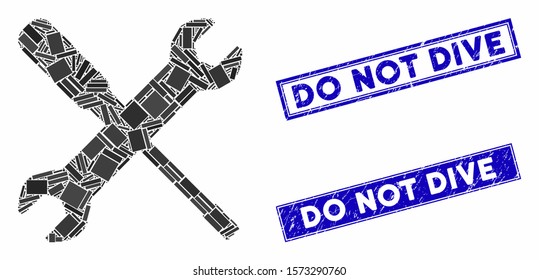 Mosaic wrench and screwdriver tools icon and rectangular Do Not Dive rubber prints. Flat vector wrench and screwdriver tools mosaic icon of random rotated rectangular elements.