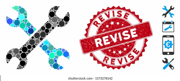 Mosaic wrenches icon and corroded stamp seal with Revise phrase. Mosaic vector is composed with wrenches icon and with scattered circle spots. Revise stamp seal uses red color, and scratched surface.