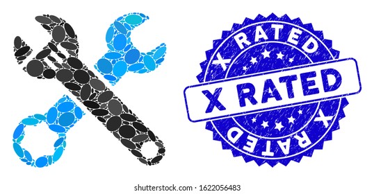 Mosaic wrenches icon and corroded stamp seal with X Rated text. Mosaic vector is created with wrenches icon and with random elliptic elements. X Rated stamp seal uses blue color, and distress design.