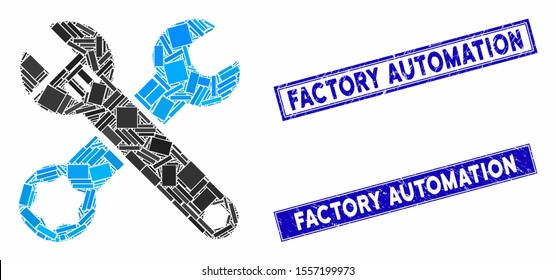 Mosaic wrenches pictogram and rectangular rubber prints. Flat vector wrenches mosaic pictogram of randomized rotated rectangle items. Blue caption rubber seals with corroded texture.